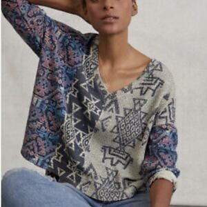 Anthropologie Blue and Cream Patterned Top